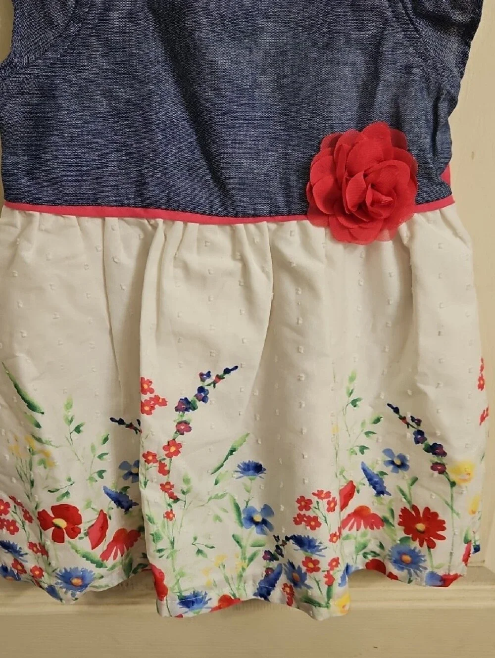 Girls Blue Chambray & White Floral Dress with Pink Flower